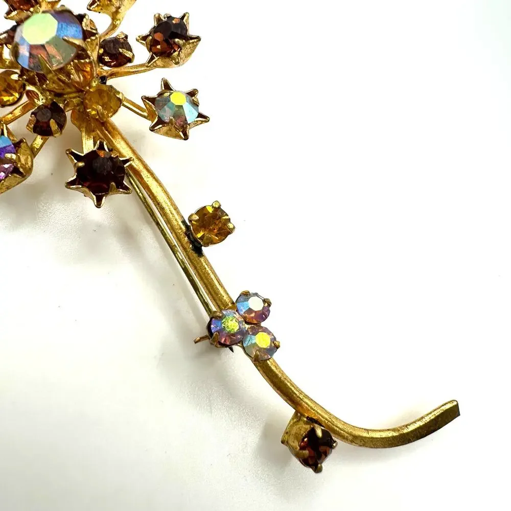 Austria vintage gold tone amber brown topaz glass AB rhinestones flower brooch